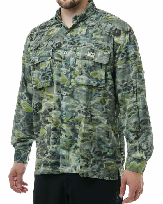 Aqua Design Mens Performance Long Sleeve Fly Fishing Shirt, Green Bayou