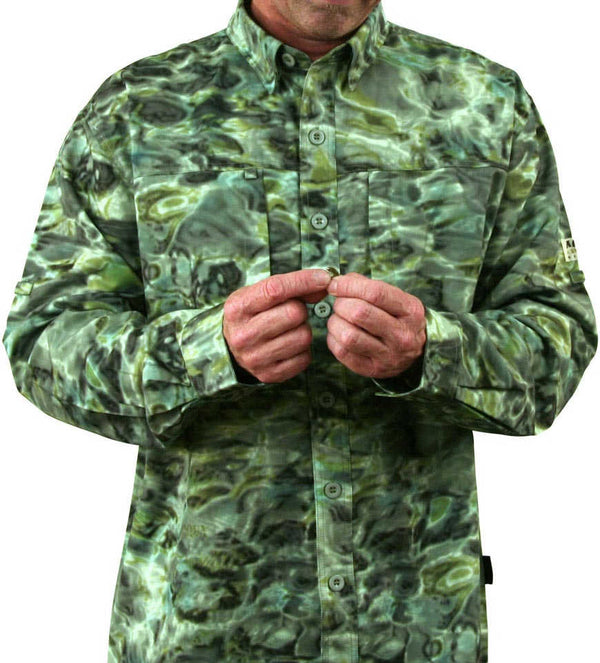 Aqua Design Mens Fly Fishing Flats Vented UPF 50+ Flats Shirt, Aqua Design Adventure Shirt, Green Bayou