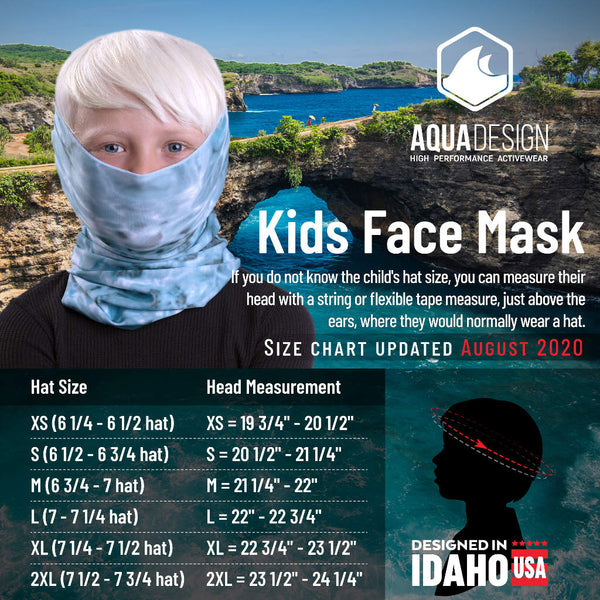 Kids Reusable Sun Protection Cloth Face Mask UPF 50+ | Aqua Design Size Chart