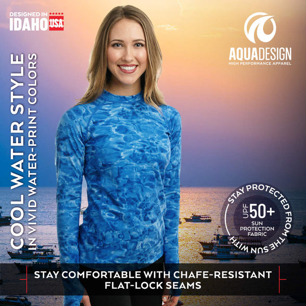 Womens UPF 50+ Rash Guard Long Sleeve Shirt | Aqua Design