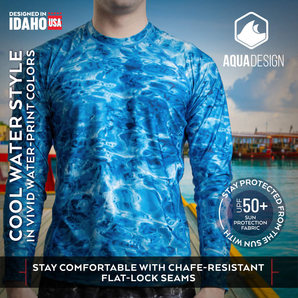 Men's Long Sleeve SunGuard Rash Guard Swim T-Shirt - Aqua Design