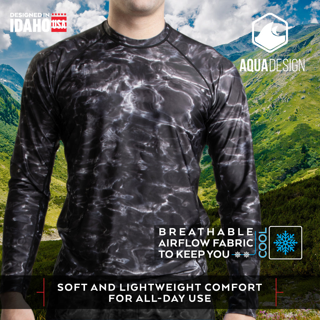 Men's Long Sleeve SunGuard Rash Guard Swim T-Shirt - Aqua Design