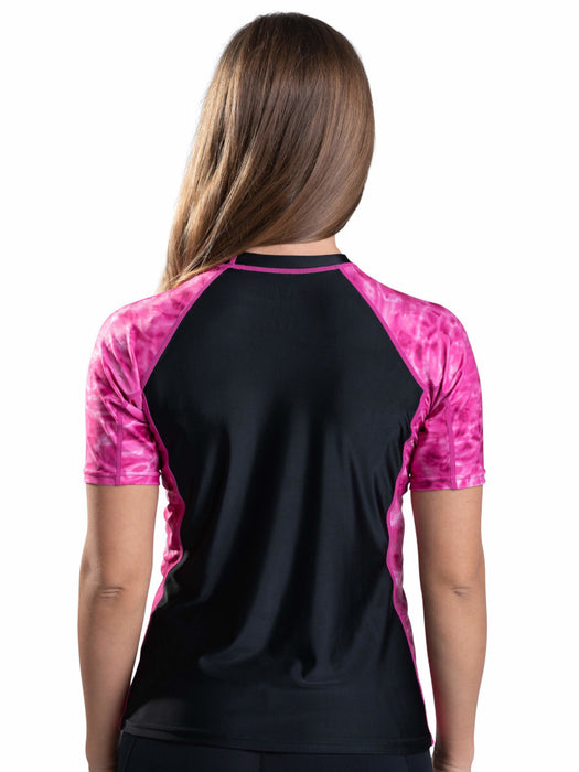 Aqua Design Womens Rash Guard Short Sleeve Surf Shirt, UPF 50+, Short Sleeve Rash Guard Shirt for Women, Pink Water/Black