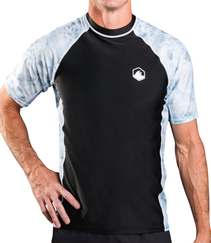 Runhit Mens Rash Guard Short Sleeve UV Sun Protection Swim Shirts for Men  Quick Dry UPF 50+ Compression Water Shirt for Swimming Fishing Splice White  Ocean Print M