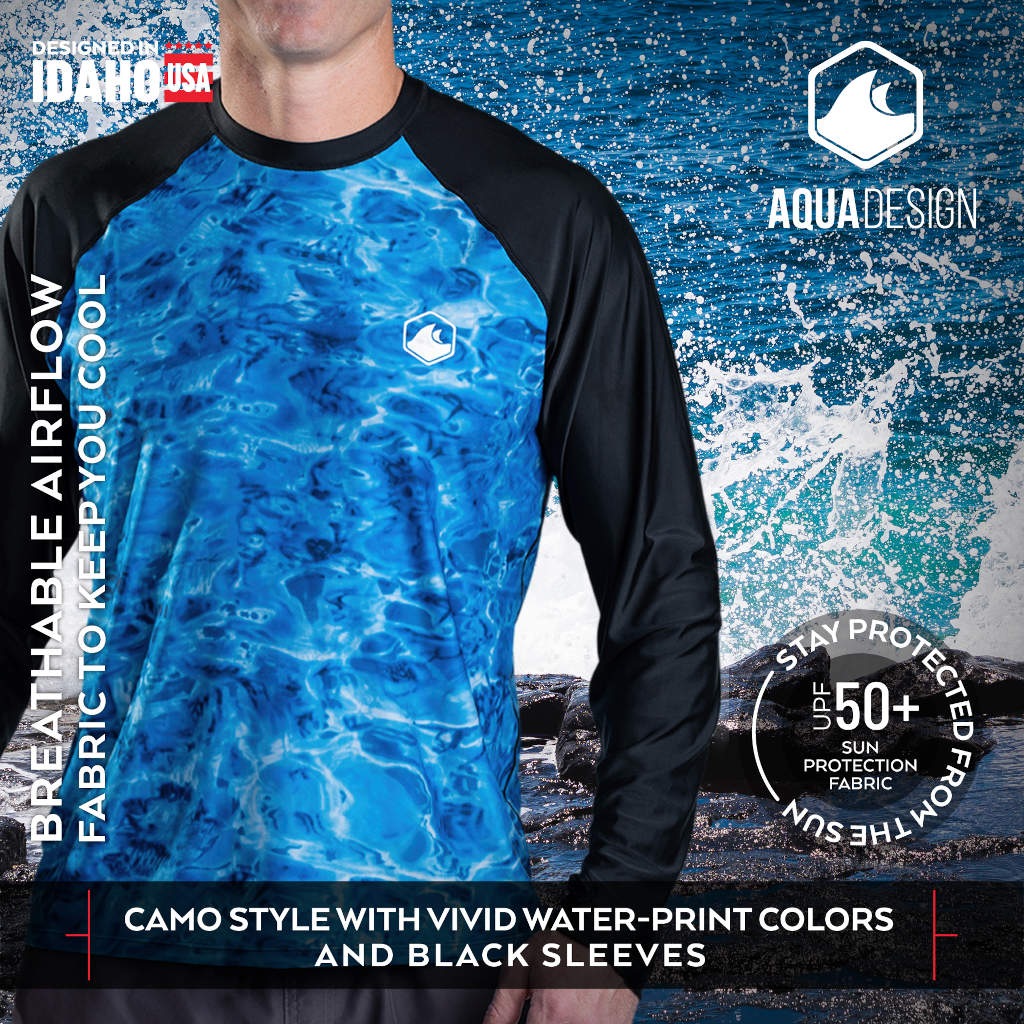 Mens Long Sleeve UV Rash Guard Camo Swim Shirt | Aqua Design