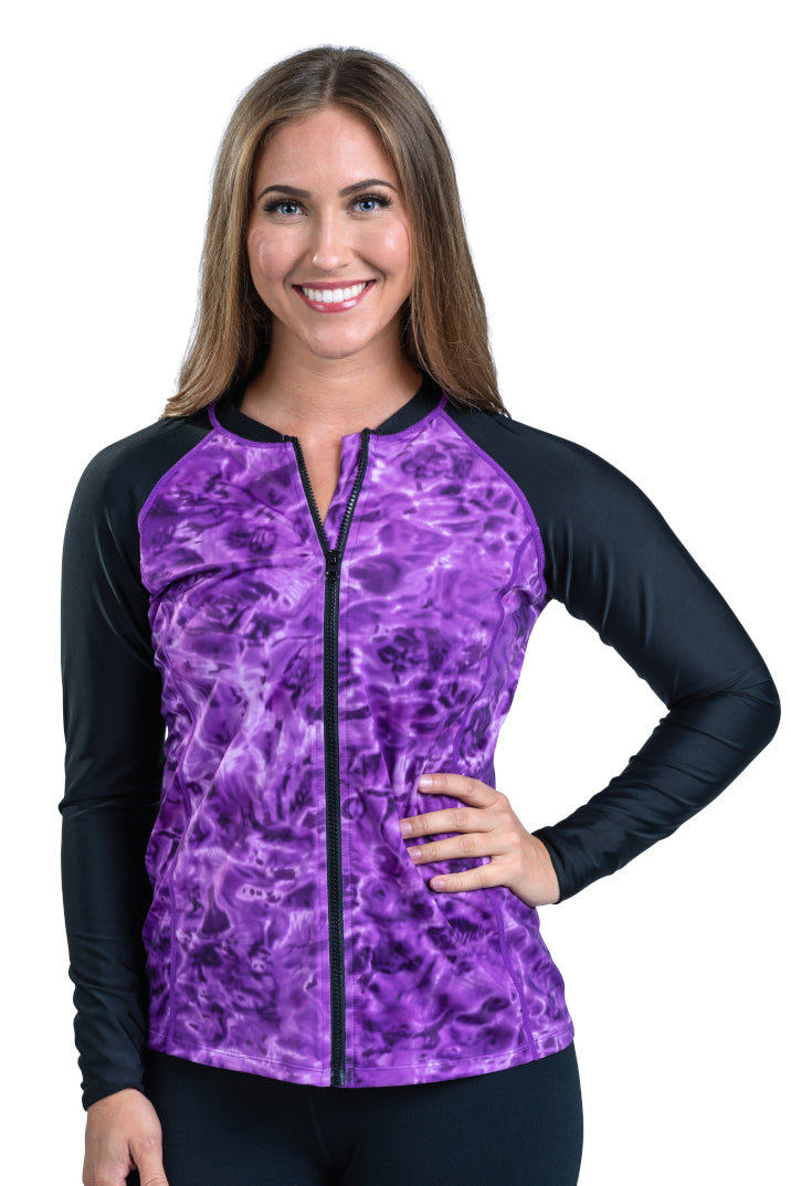 Womens Full Zip Rash Guard Long Sleeve Thumb Hole UPF50+ Swim Shirts | Aqua  Design