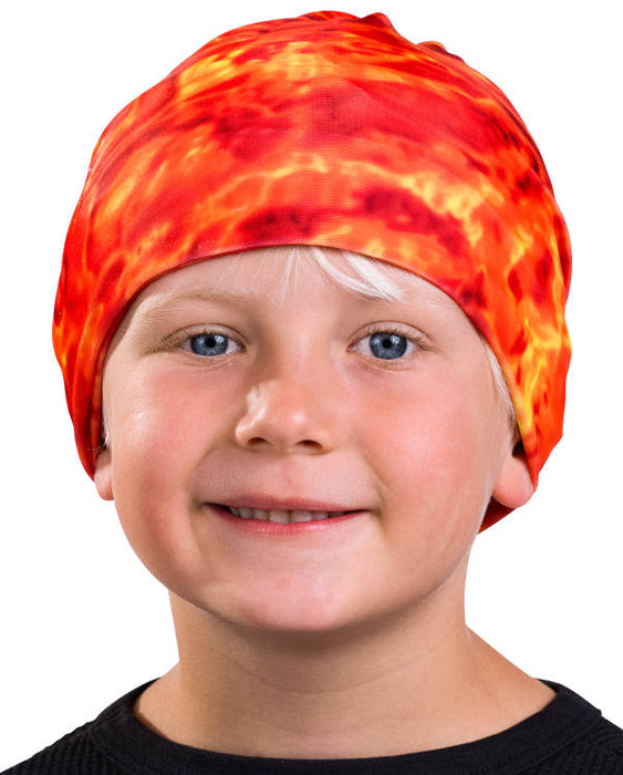 Kids Reusable Sun Protection Cloth Face Mask UPF 50+ | Aqua Design: Liquid Lava Beanie Cap