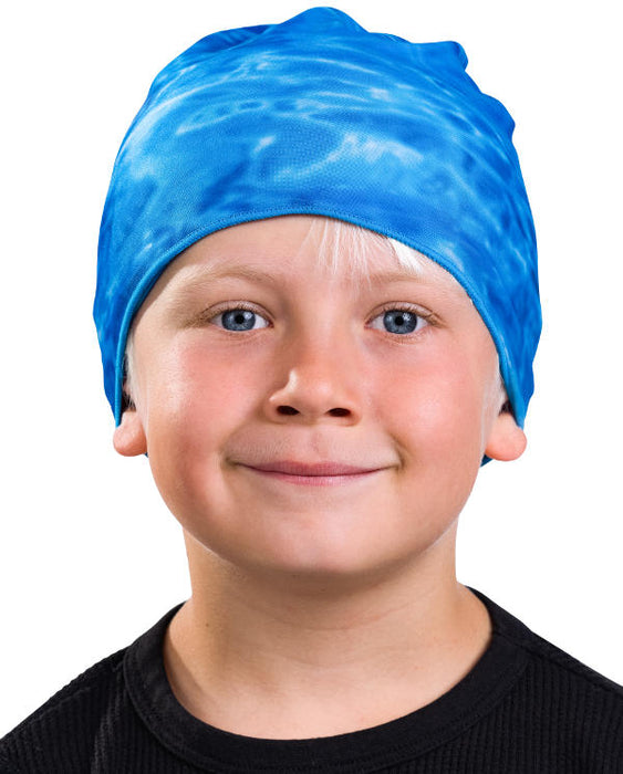 Kids Reusable Sun Protection Cloth Face Mask UPF 50+ | Aqua Design: Royal Ripple Beanie Cap
