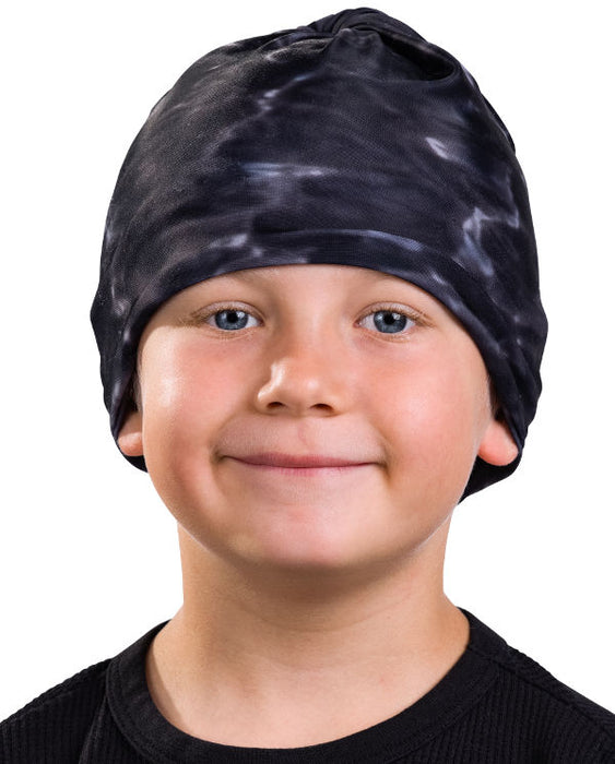 Kids Reusable Sun Protection Cloth Face Mask UPF 50+ | Aqua Design: Black Water Beanie Cap